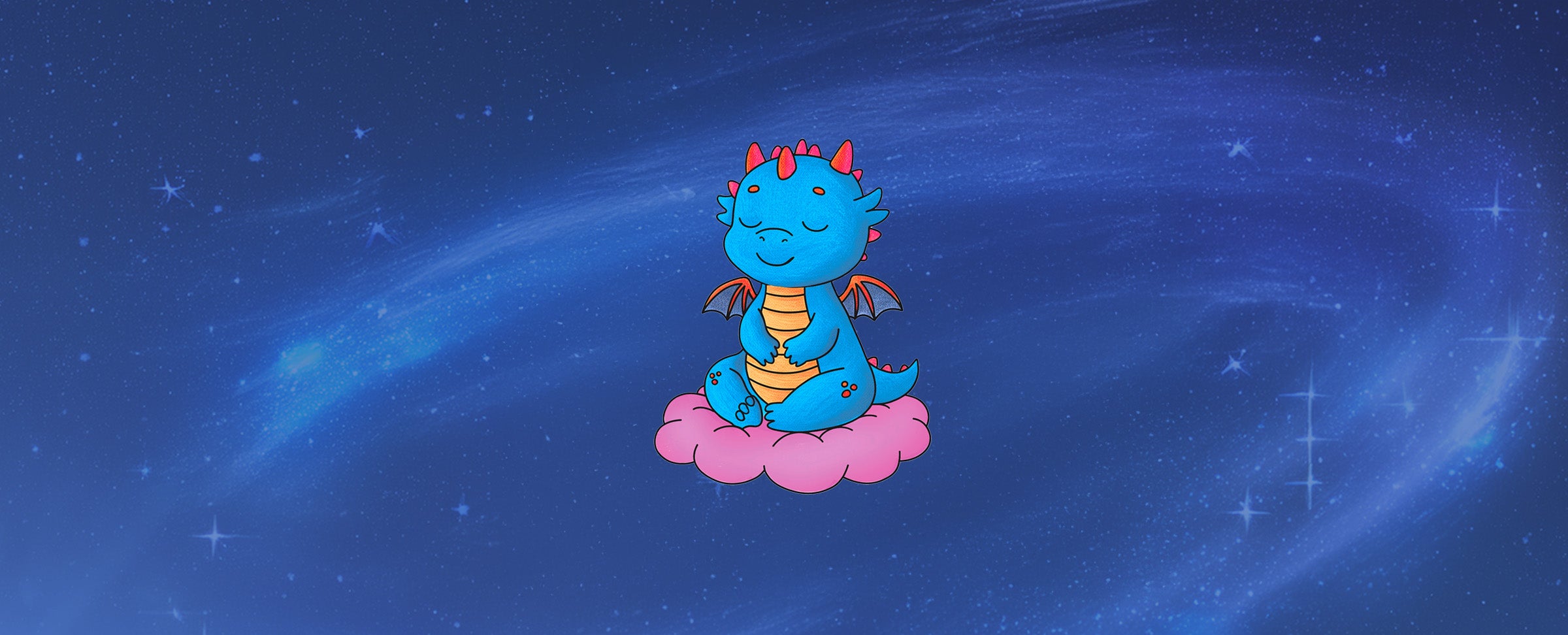 Baby dragon Earth King sitting on a cloud with a starry night sky background